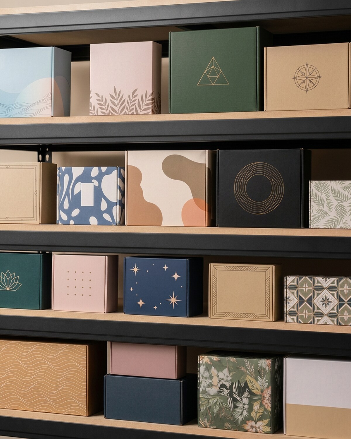 Retail and custom branded boxes displayed on shelves