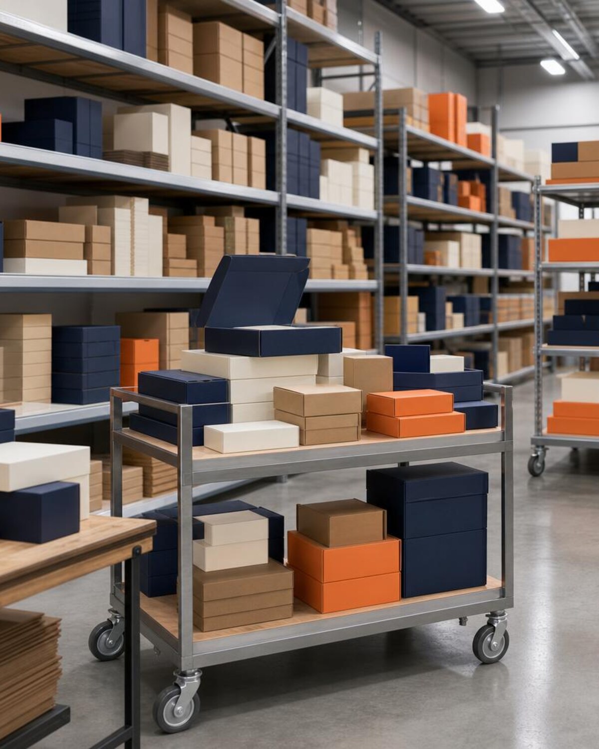 Finished unbranded packaging staged on warehouse shelving and carts