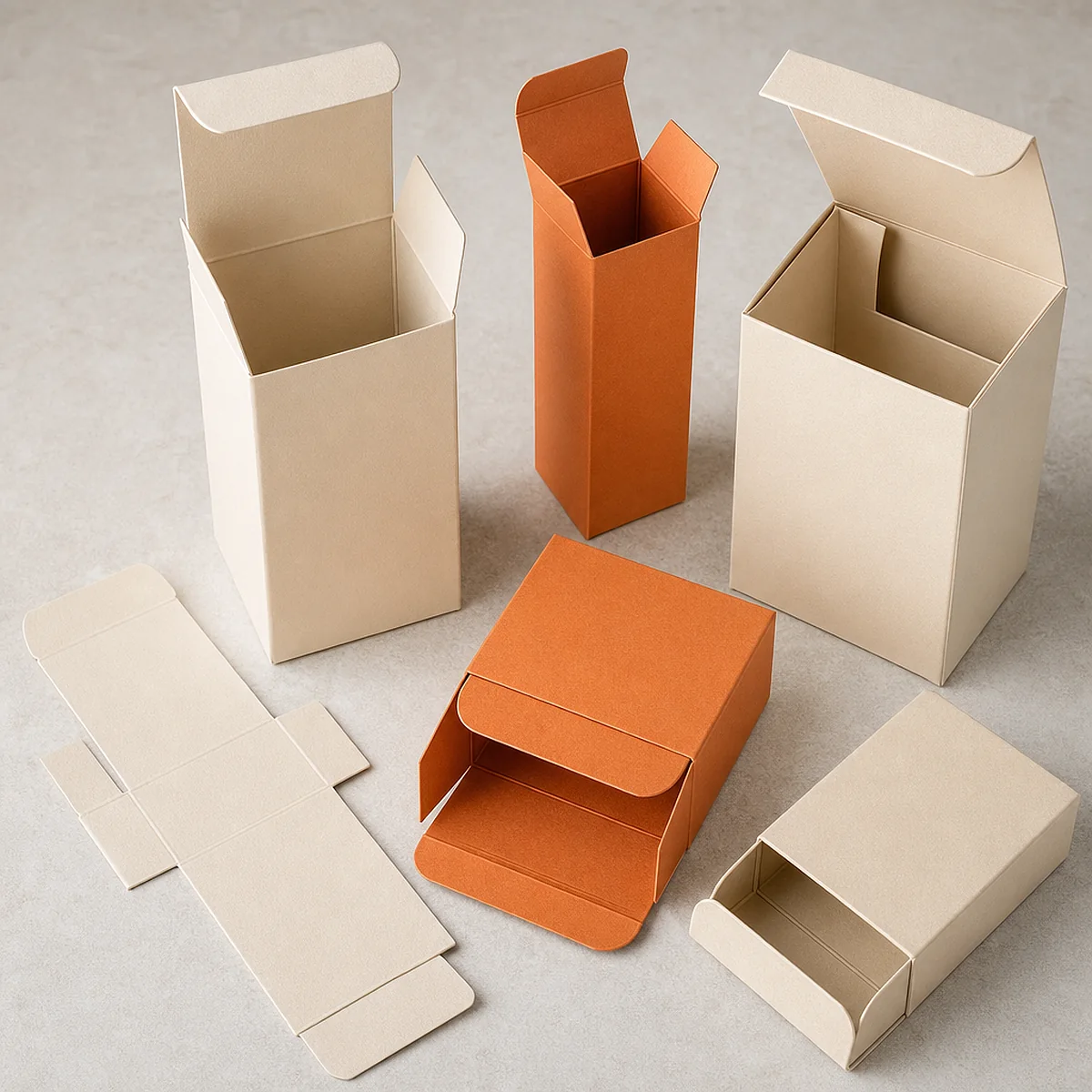 Set of clean-beauty cartons with minimal type and soft color