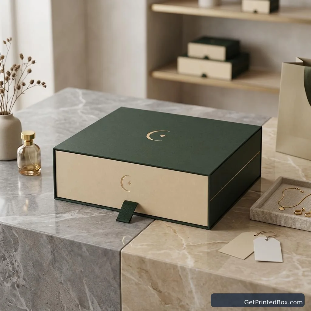Flat-Pack Luxury Gift Set — printed packaging displayed in a client-style setting