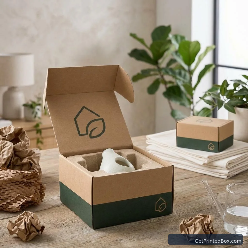 Eco Shipping System for Home Goods — printed packaging displayed in a client-style setting