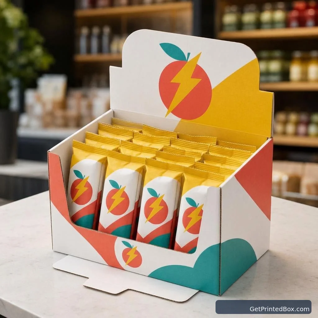 Retail Counter Display Rollout — open-box view showing the printed interior and construction