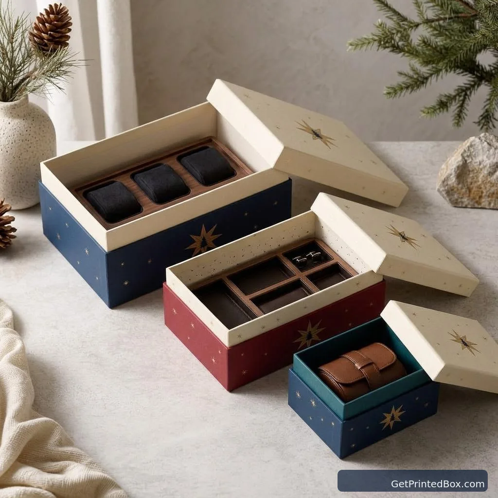 Holiday Keepsake Gift Box Suite — open-box view showing the printed interior and construction