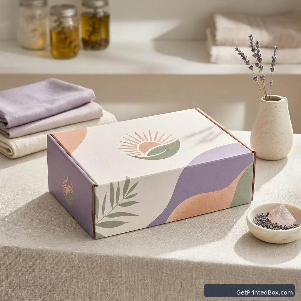 Monthly Wellness Subscription Mailer — printed packaging displayed in a client-style setting