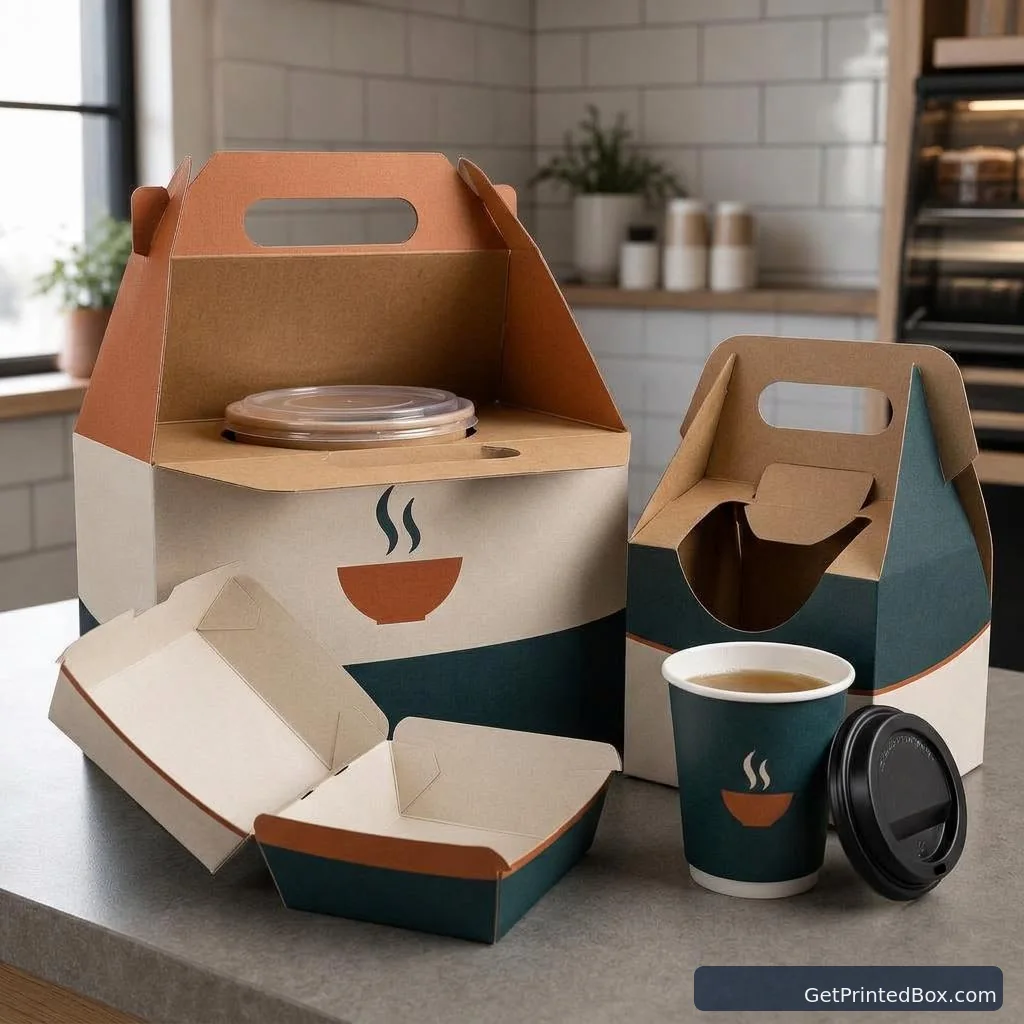 Fast-Casual Takeout Packaging System — open-box view showing the printed interior and construction