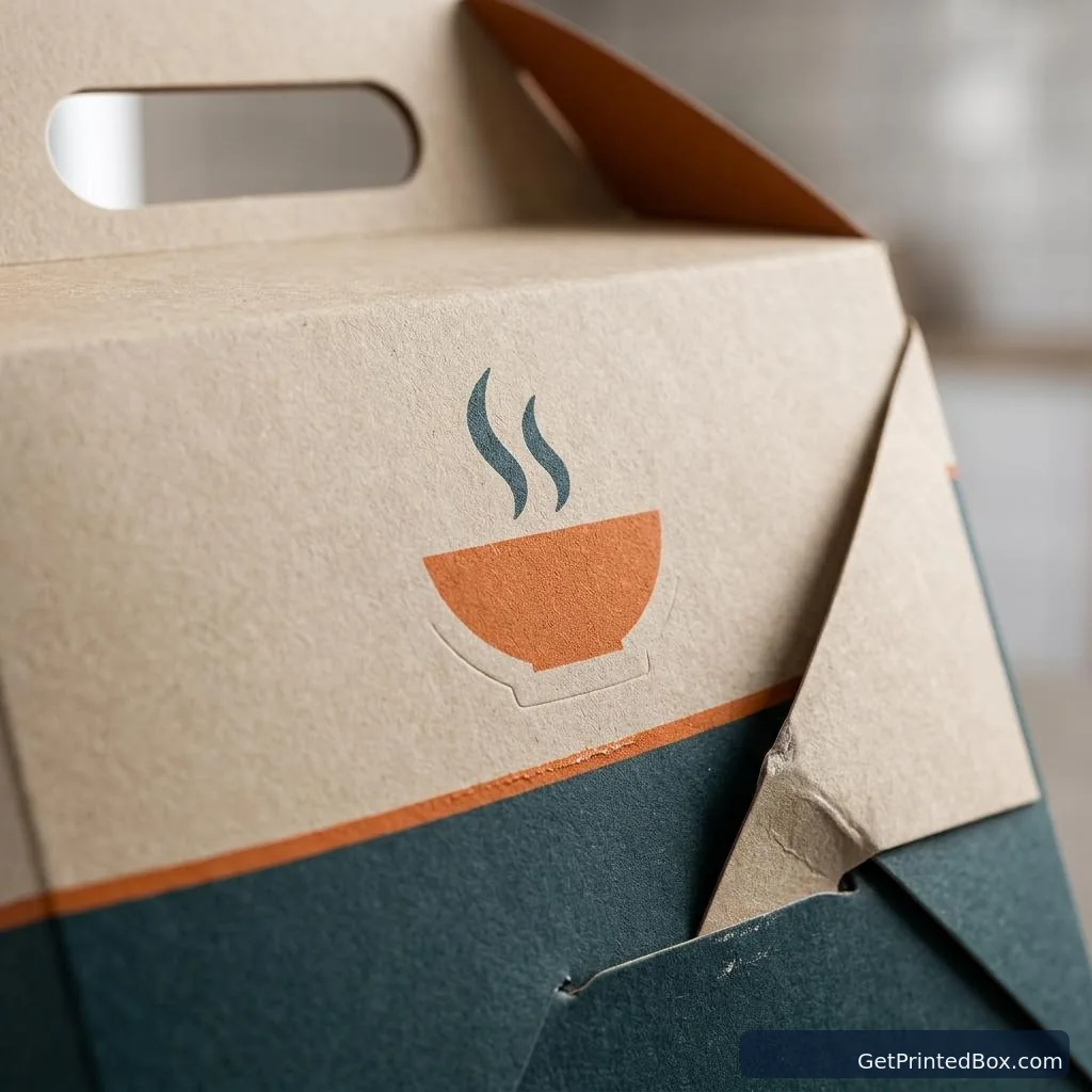 Fast-Casual Takeout Packaging System — close-up of the logo mark, board texture, and print finish