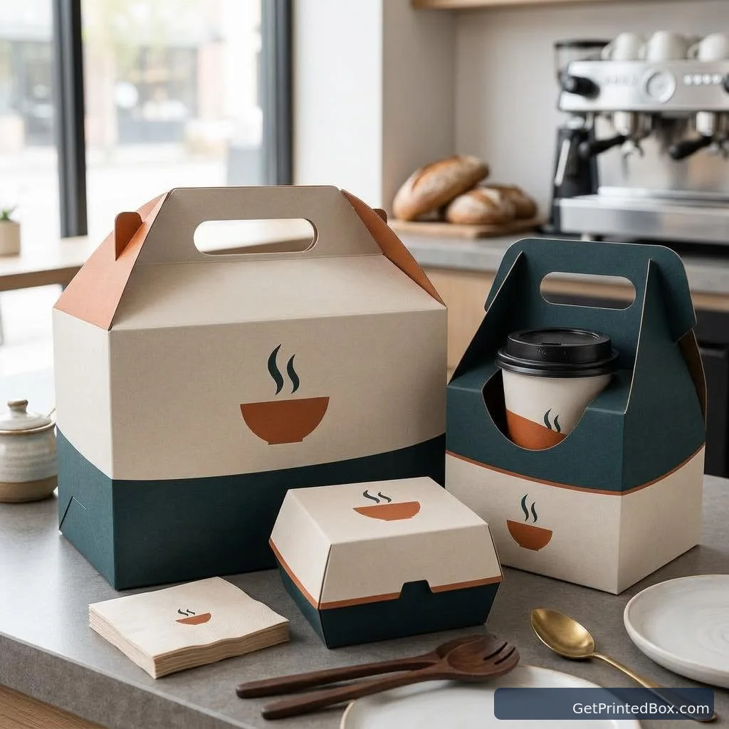Fast-Casual Takeout Packaging System — printed packaging displayed in a client-style setting