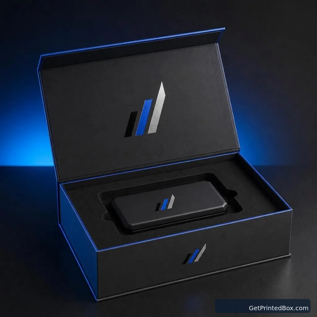 Premium Tech Launch Presentation Box — open-box view showing the printed interior and construction