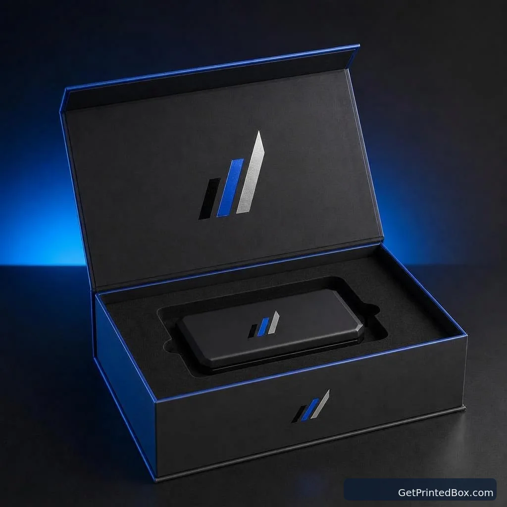 Premium Tech Launch Presentation Box — alternate angle showing the box structure and side panels