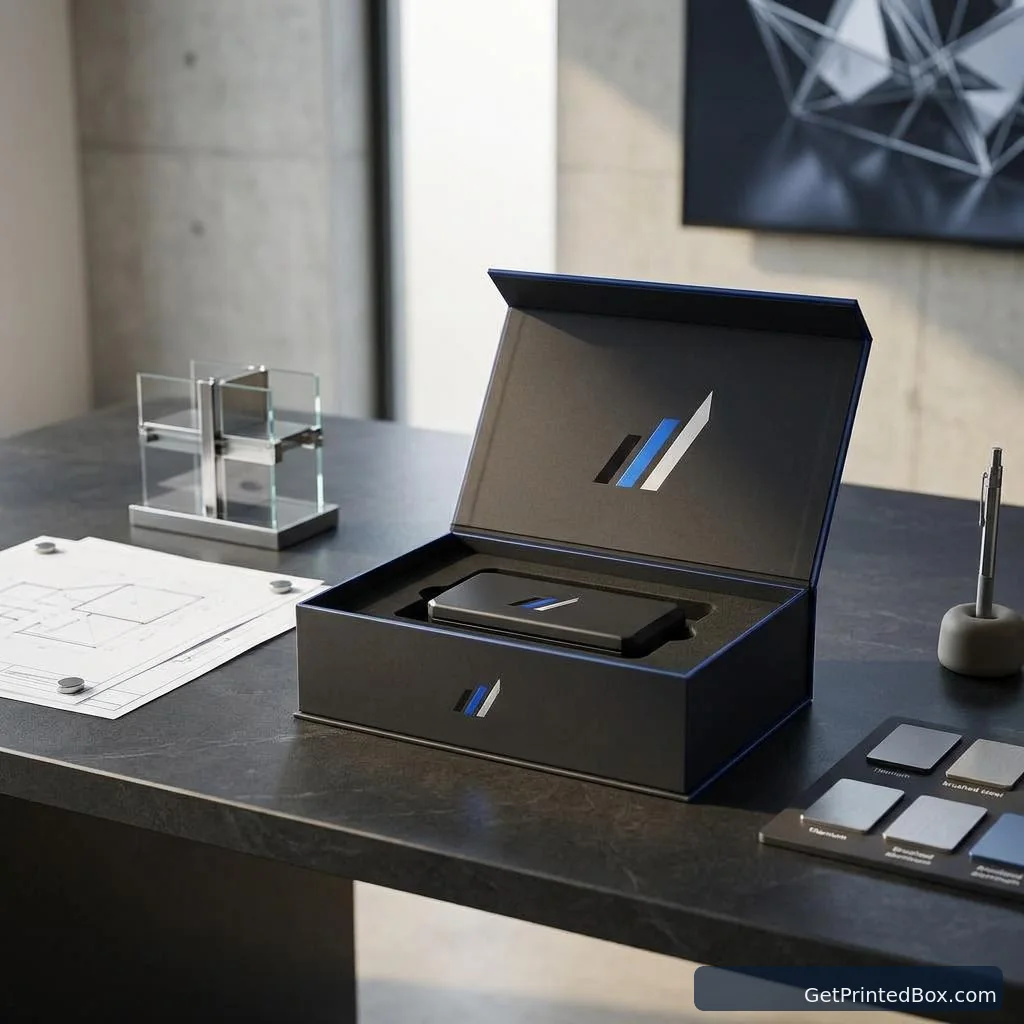 Premium Tech Launch Presentation Box — printed packaging displayed in a client-style setting